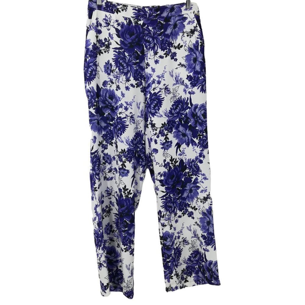 Per Una Floral Wide Leg Trousers Size UK 12 Long US 8 Blue Flat Front Summer